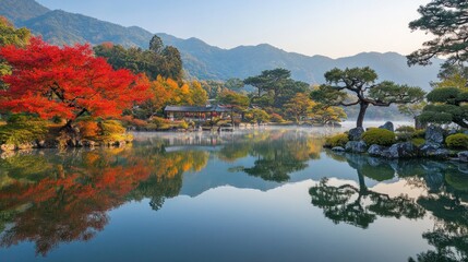 Fototapeta premium Scenic autumn lake view, with vibrant foliage and mountains.