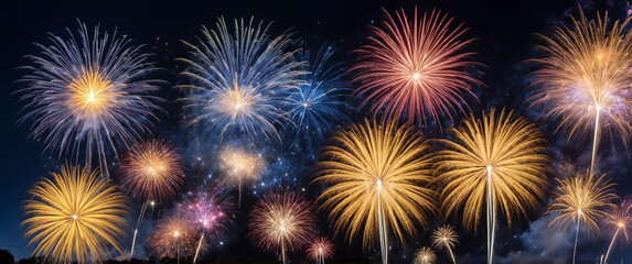Naklejka premium Kolorowe pokazy fajerwerków rozświetlające nocne niebo.