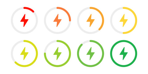 Circle battery charging indicators with lightning symbol icon set. Charge level round diagram infographic vector illustration. Battery capacity progress bar symbol. Circular accumulator power sign.