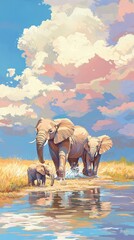 Fototapeta premium A serene scene of elephants by a water body under a colorful sky.