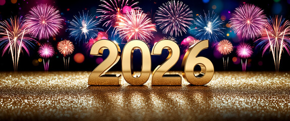 Złoty tekst na rok 2026 z kolorowym pokazem fajerwerków na błyszczącym tle.

