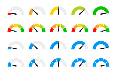Speedometer icon set. Performance level dial bar vector illustration. Power level measure symbol. Infographic dashboard chart with arrow sign. High, medium and low risk control panel. Progress scale.