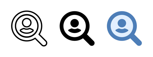 Hiring icon. Employee looking for a job symbol. Magnifying glass with person vector illustration. HR recruitment sign. Vacancy pictogram. Employee resume concept.