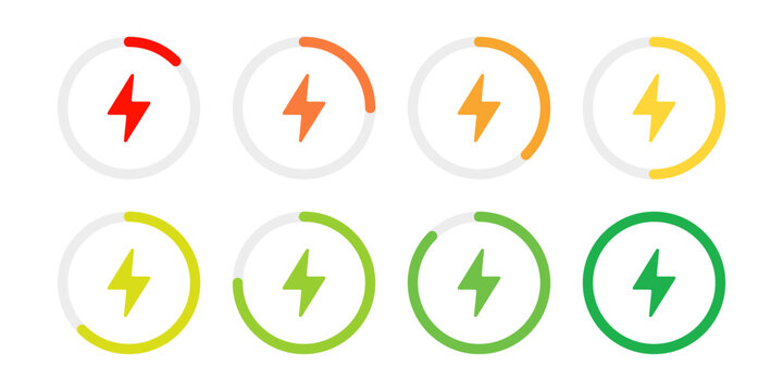 Circle battery charging indicators with lightning symbol icon set. Charge level round diagram infographic vector illustration. Battery capacity progress bar symbol. Circular accumulator power sign.