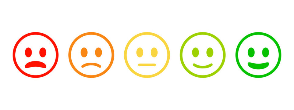 Feedback emoji icon set in different moods. Review smiley face collection. Service rating emoticon vector illustration. Bad, poor, average, good and excellent feedback marking. Face emoji symbols.