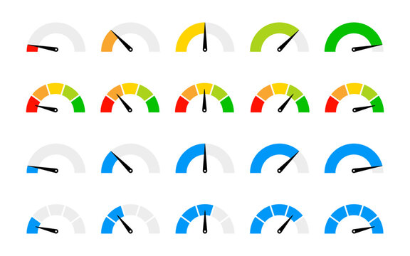 Speedometer icon set. Performance level dial bar vector illustration. Power level measure symbol. Infographic dashboard chart with arrow sign. High, medium and low risk control panel. Progress scale.