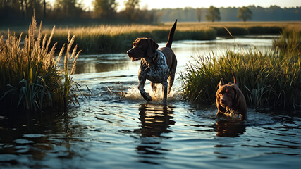 Dwa psy biegną przez wodę o zachodzie słońca na naturalnym mokradle.