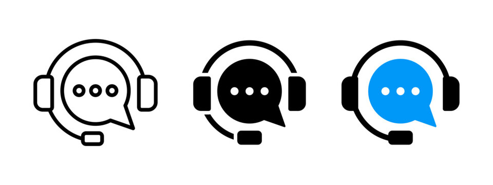 Customer service icon. Contact support agent button. Headset with speech bubble vector illustration. Call center operator symbol. Customer support chat sign. Earphones with microphone speech bubble.