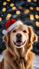 Uroczy piesek rasy golden retriever w czapce Mikołaja i czerwonym szaliku, otoczony śniegiem i świecącymi świątecznymi światełkami