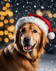 Uroczy piesek rasy golden retriever w czapce Mikołaja i czerwonym szaliku, otoczony śniegiem i świecącymi świątecznymi światełkami