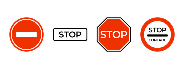 Stop sign icon set. Stop roadsign vector illustration. Traffic control symbol. Red block travel prohibited octagon. Warning, caution, attention or danger information emblem. No way access pictogram.