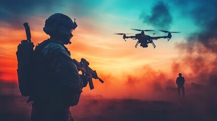 Soldier s silhouette employing drones for tactical operations and reconnaissance missions