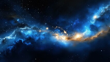 Space nebula, cosmic clouds, swirling blue and gold gases, celestial light, star formation, cosmic dust, vibrant galactic colors, deep space, astronomical phenomenon, ethereal universe, high resolutio