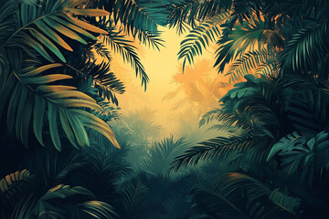 A dense jungle scene with lush green foliage and palm leaves, illuminated by a warm golden light filtering through the trees, creating a serene and tranquil atmosphere.
