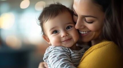 Mother comforts infant at airport ahead of exciting family vacation adventure together