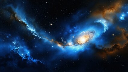 Obraz premium Space nebula, cosmic clouds, swirling blue and gold gases, celestial light, star formation, cosmic dust, vibrant galactic colors, deep space, astronomical phenomenon, ethereal universe, high resolutio