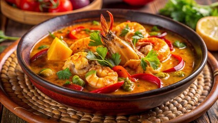 Brazilian moqueca with shrimp, peppers, and fresh herbs in a clay bowl.