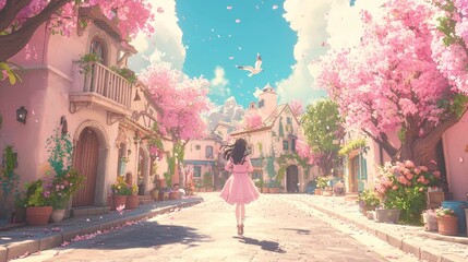 Obraz premium A serene street lined with cherry blossoms and quaint buildings.