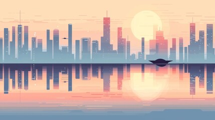 Obraz premium A serene sunset cityscape with reflections and a silhouette of a boat.