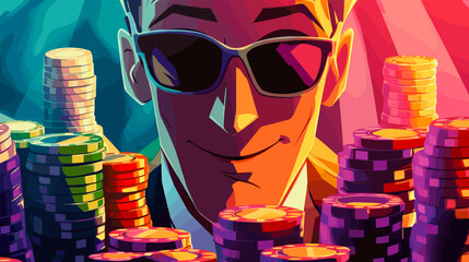Casino winner concept. Blackjack tournament poker cards competition lucky gambler with play chips stack, richy successful player gambling bet win chance game vector illustration