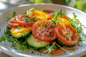 Fresh salad with sliced tomatoes and cucumbers arranged on a plate