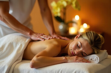 Obraz premium A woman receives a massage in a chic dark spa with candles and orchids. Relaxing massage. Thai massage for a woman in a salon. Back and neck massage at the spa.