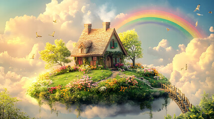 Whimsical Floating Cottage Surrounded by Fluffy Clouds with a Vibrant Rainbow Bridge Connecting to the Lush Green Ground