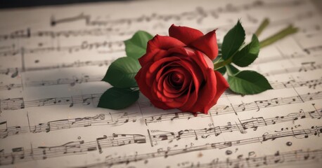 A vibrant red rose blossoms atop a music score  , image, red rose