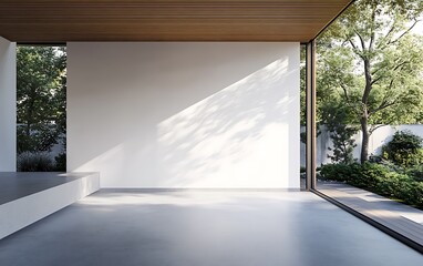 A modern, minimalist interior with a concrete floor and a white wall