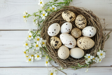 Delicate Easter background featuring a bird's nest with pastel blue speckled eggs surrounded by white flowers on a textured surface. Perfect for spring, Easter, and seasonal designs
