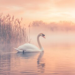 Fototapeta premium A serene swan gliding through misty waters at sunrise.