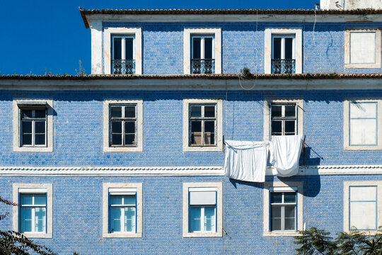 Lisbon, Portugal Europe Typical Portuguese Pombaline building with laundry hanging to dry