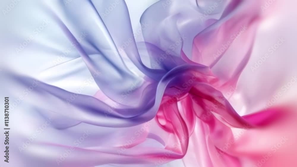 Poster Translucent, silky waves come to life in animation, gently bending and twisting in space. Pastel pink, purple and white gradients alternate to create subtle lighting accents and dynamics that convey a