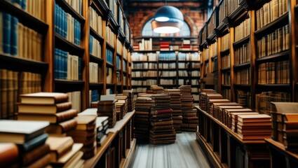 Obraz premium library interior, rows of bookshelves, wooden shelving, leather-bound books, symmetrical perspective, warm lighting, vintage atmosphere, academic setting, knowledge repository, ornate ceiling lamps, p