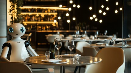 Sleek robot delivers gourmet cuisine in a stylish modern restaurant with culinary sophistication