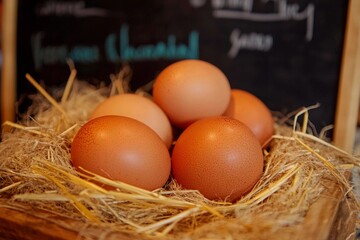 Freshly harvested brown eggs nestled in hay at a rustic farm market in autumn
