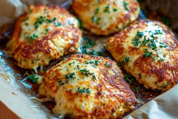 Mouthwatering baked chicken fillets topped with melted cheese and fresh herbs delight diners