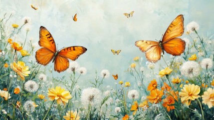 Colorful butterflies flutter among vibrant flowers under a bright blue sky