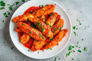 Crispy golden chicken tenders served with zesty tomato sauce and fresh herbs