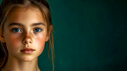 Portrait of young girl with freckles showing determination and confidence