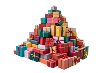 Gift boxes of different colors, wrapped with colorful ribbons and bows. They are located on a transparent background.