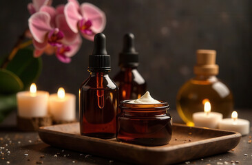 Cosmetics for a spa salon with orchids on a background of candles. Massage oil and cream on a wooden surface. Skin care products in cosmetology. Serum and skin cream.
