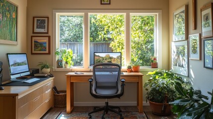 Fototapeta premium Bright home office with dual monitors and plants.
