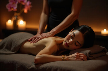 Obraz premium Asian woman getting massage in chic dark spa salon with candles and orchids. Relaxing massage. Thai massage for a woman in a salon. Back and neck massage in a spa salon.