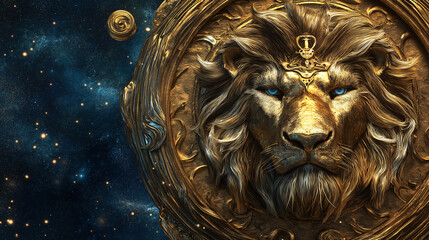 A gold lion with a blue eye is surrounded by stars