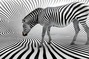 Fototapeta premium Zebra walking in an abstract black and white environment with swirling patterns creating optical illusions