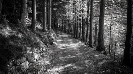 Forest path, trees line trail in monochrome.