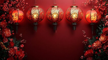 Vibrant red lanterns with floral decorations create a festive atmosphere for celebrations like Lunar New Year, weddings, and cultural festivals. Ideal for invitations and decorations.