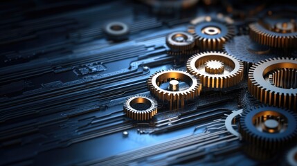 Abstract gears on a dark backdrop illustrate a digital engineering design theme with space for additional text