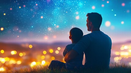 Father and Son Stargazing Together Under a Dreamy, Colorful Night Sky